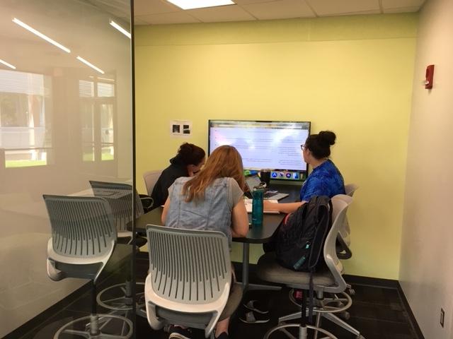 Life Sciences Building - Students working in one of the private, group study rooms in the new collaboration space